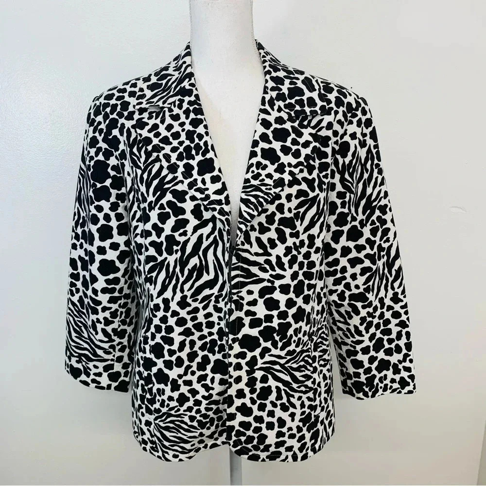 Chicos 2 Jacket Woman‎ US Large  Black White Animal Print 3/4 Sleeve Pockets